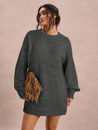 Freevana Plus Size Floral Textured Crew Neck Long Sleeve Sweater Dress