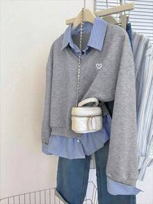 Resyla 女士心形印花拼接条纹衬衫领二合一长袖卫衣 - 灰色 - 查看 3