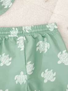2pcs Baby Boys Swimwear Set, Cute Green Sea Turtle Pattern Swim Trunks With Detachable Hat, Adjustable Drawstring Beach Shorts - Multicolor - View 4