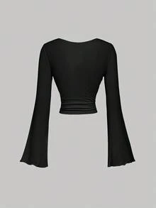 SHEIN MOD Damski, swobodny, minimalistyczny zestaw koszulek z rozszerzanymi rękawami i kolorowymi blokami, jesień - Burgund - Zobacz 8