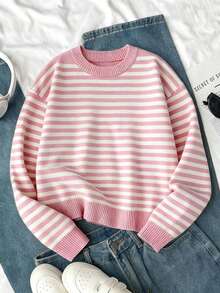 SHEIN Áo len dệt kim sọc hồng thu đông 2025 mới cho bé gái, thiết kế cổ tròn và tay dài, chất liệu mềm mại, rộng rãi, đa năng, kiểu dáng thanh lịch, áo len dễ thương, nhẹ nhàng, dễ phối với quần jean/váy, thích hợp mặc hàng ngày, đi chơi và du lịch ngoài trời - Hồng - Xem 1