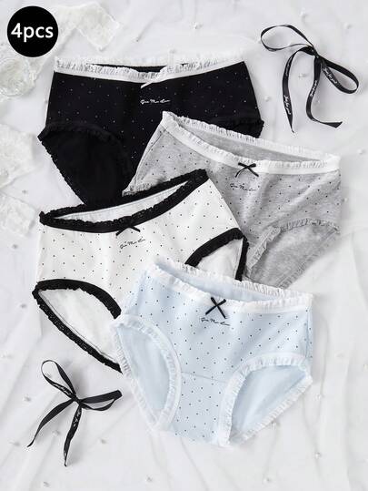 Girls' Polka Dot Bow Lace Trim Mid-Waist Panties, Triangular Briefs For Teens And Young Girl, Sports Underwear