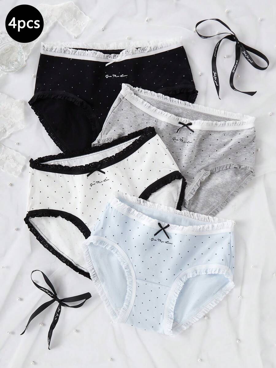 女童波点蝴蝶结蕾丝边中腰三角裤，适合青少年和年轻女孩的运动内裤