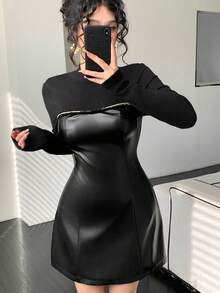 DAZY Vestido mini elegante para mulher com gola, design patchwork em pele sintética PU, vestido chique com cintura marcada - Preto - Ver 3