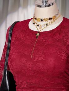 SHEIN ICON Vestido ceñido de manga larga con encaje para mujer de talla grande