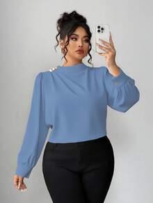 Elenzga Blusa de mujer talla grande con cuello con volantes, decoración de botones metálicos y mangas farol, elegante y adecuada para el trabajo, primavera/otoño - Azul - Ver 3