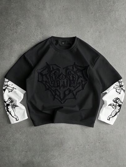 PAVTROS Camiseta con estampado bordado de ángel Cupido de estilo callejero popular para hombres, ideal para festivales de música al aire libre, discotecas, regalo para novio/esposo, regalo de aniversario