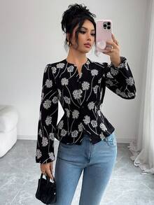 Rafferiza Women's Embroidered Blouse, Long Sleeve, Autumn - Black - View 1