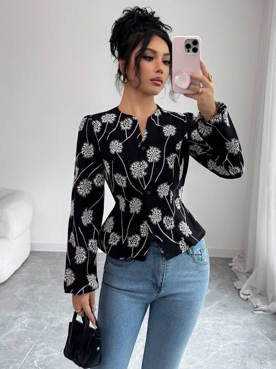 Rafferiza Women's Embroidered Blouse, Long Sleeve, Autumn - Black - View 1