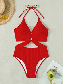 Swim SXY 2026春夏纯色红色银色圆环露背交叉深V领性感露背短款比基尼泳衣 - 紅色 - 查看 8