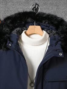 Vacaura Boys' Mid-Length Hooded Padded Coat With Fur Collar, Autumn/Winter Fall