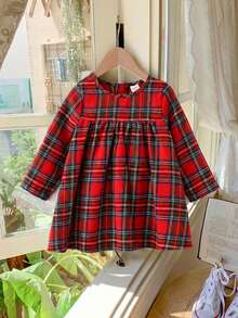 SHEIN LMoss Kids LMoss 女婴格子宽松休闲长袖连衣裙，秋冬女婴格子连衣裙 - 彩色 - 查看 9