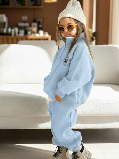 Genkimix Kids 2pcs/Set Young Girl' Sweatshirt Set, Long Sleeve Zip-Up Hoodie With Letter Graphic And Matching Jogger Pants, Casual And Stylish Outfit For Spring/Autumn