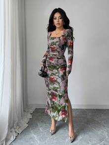 Elenzga Women's New Elegant Luxurious Party Dress, Gradient Floral Print, Square Neck, Ruched, Fitted, High Slit, Long Sleeve, Semi-Sheer, Suitable For Halloween, Christmas, Thanksgiving, New Year, Graduation Season, Grey Floral - Multicolor - View 3