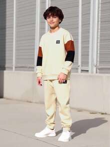 Ținute AW Vacaura Boy: Set 2 bucăți - Tricou cu decolteu în V și culori contrastante, pantaloni cu talie elastică, croială lejeră, potrivit pentru ținute casual, naveta, activități în aer liber, sport, școală, stil stradal, petreceri și ședințe foto, toamnă/iarnă/primăvară - Multicolor - Vizualizare 1