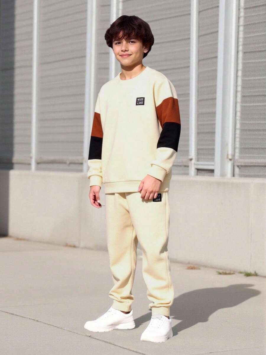 Ținute AW Vacaura Boy: Set 2 bucăți - Tricou cu decolteu în V și culori contrastante, pantaloni cu talie elastică, croială lejeră, potrivit pentru ținute casual, naveta, activități în aer liber, sport, școală, stil stradal, petreceri și ședințe foto, toamnă/iarnă/primăvară - Multicolor - Vizualizare 1