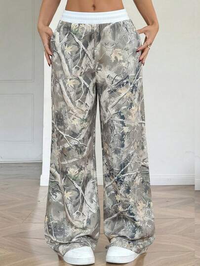 Glowzi Teen Girls Casual Sports Street Fashion Camouflage & Leaf Print Contrast Waistband Loose Wide Leg Sweatpants