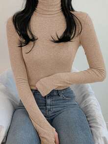 DAZY Áo thun nữ cổ lọ màu trơn tay dài thoải mái đa năng ôm vừa vặn - Màu Khaki - Xem 4