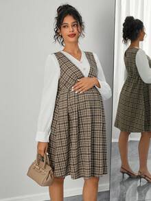 Momance Đầm dài tay thời trang 2 trong 1 cổ chữ V họa tiết kẻ caro cho bà bầu - Màu Khaki - Xem 5