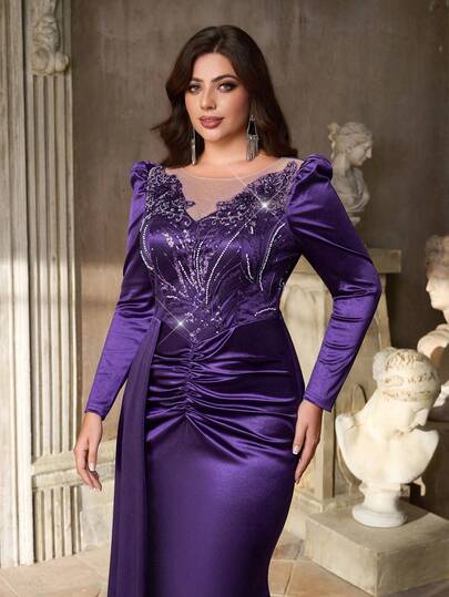Aureia Plus Size Elegant Luxurious Purple Sequin Patchwork Satin Round Neck Luxury Sequin Applique Design Long Sleeve Fitted Ruched Fishtail Hem Patchwork Splice Tail Suitable For Evening Party, Singles Party, Date, Ball, Vacation, Wedding, Birthday, Gala (Heavy-Duty)