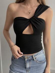 DAZY 女士夏季镂空交叉绑带修身性感休闲吊带背心 Y2k - 黑色 - 查看 2