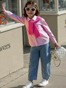 Elladie kids 年轻女孩韩版时尚翻领落肩宽松长袖条纹上衣配披肩，松紧腰直筒纯色牛仔裤套装