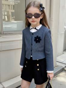 SHEIN Girls Urban Girl Shorts, Black, Chic Style, Breathable & Comfortable, Suitable For Autumn, Spring, Summer, Versatile, Fits Girls Aged 4-7, Suitable For Outings, School, Home, Travel