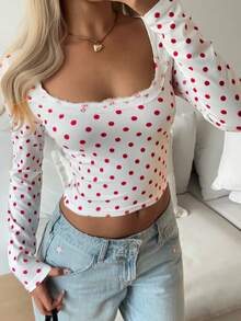 SHEIN EZwear 女士休闲蕾丝波点印花修身长袖T恤，秋季款 - 白色 - 查看 4
