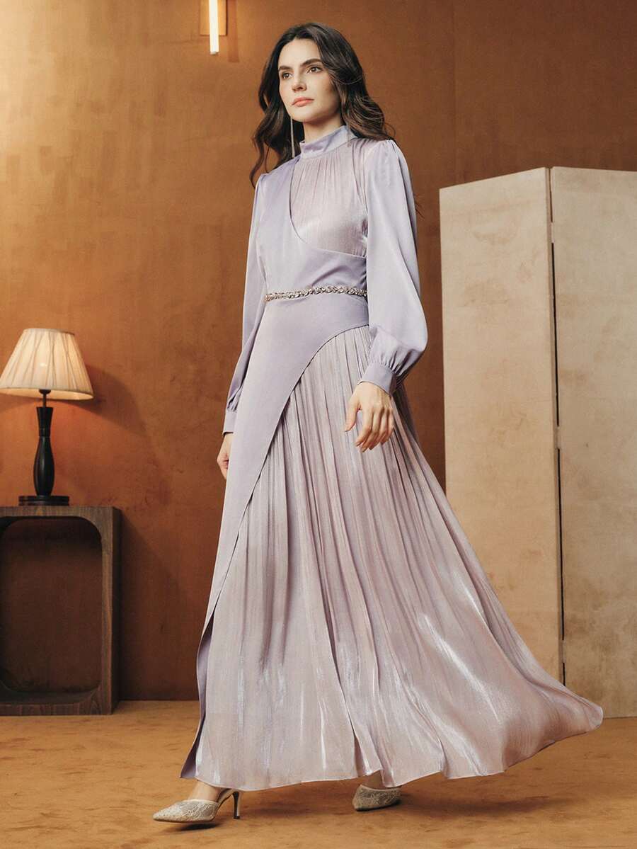 Anewsta Vestido feminino versátil e elegante em tom lilás claro com gola mandarim, cinto assimétrico com strass na cintura, mangas bufantes e detalhes plissados em patchwork. Ideal para usar da primavera ao verão e também para férias. - Roxa - Ver 1