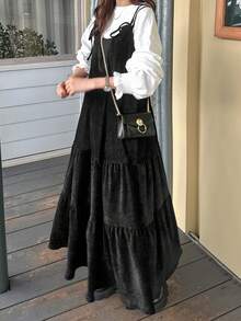 FRIFUL Women's Bow Tie Strap Corduroy A-Line Sleeveless Casual Long Dress - Dark Grey - View 7