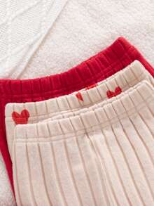 SHEIN 6件套可爱女童春秋季罗纹面料蝴蝶结印花/蝴蝶结满印/纯色玫红色长袖弧形下摆T恤和修身长裤休闲时尚套装 - 紅色 - 查看 7