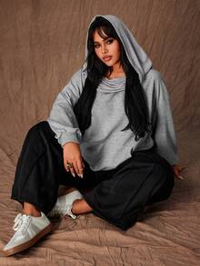 Rustia Plus Size Casual Loose Fit Slouchy Shoulder Pullover Sweatshirt, Early Autumn - Grey - View 1