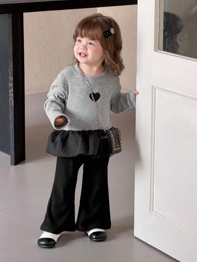 DAZY 2件套女婴圆领撞色爱心印花长袖T恤和休闲喇叭裤套装