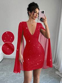 Elenzga Đầm ôm body tay rộng cổ chữ V gợi cảm dành cho nữ - Đỏ - Xem 1