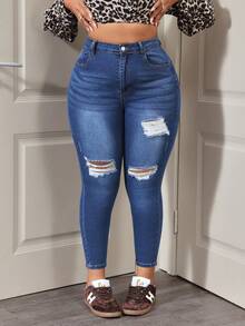 SHEIN ICON Plus Size Women High Waist Pockets Distressed Skinny Casual Jeans - Dark Wash - View 1