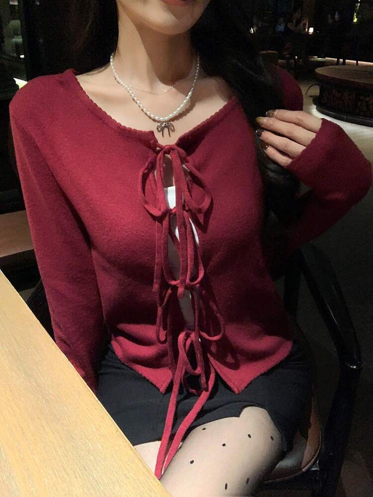 Women's Round Neck Tie-Front Cardigan With Bowknot Design, Casual Sweater For Autumn/Winter New Year Christmas