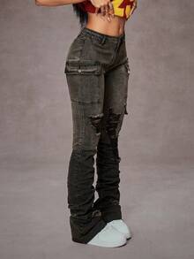 SHEIN Tall Tall Size Stretch Distressed Cargo Pocket Washed Denim Jeans - Black - View 7
