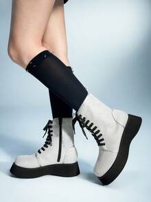 Sugerpunk Seksowne, modne, błyszczące, okrągłe botki na platformie, w stylu punk, z kryształkami, zapinane na zamek z boku, sznurowane, odpowiednie na imprezę, dojazdy do pracy i jazdę konną - Srebro - Zobacz 2