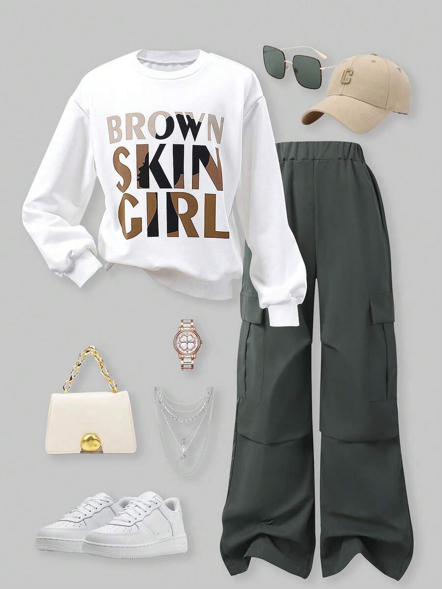 SHEIN Explorewe 2 件套女孩口号印花字母白色圆领运动衫搭配时尚休闲灰色工装裤,街头风服装 - 深灰色 - 查看 1