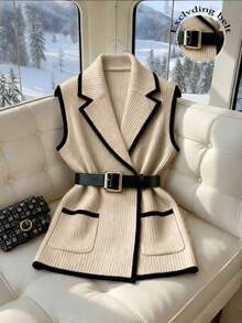 Franclia 大码女式撞色包边翻领口袋针织背心，休闲及办公穿着，秋冬款 - 卡其色 - 查看 1