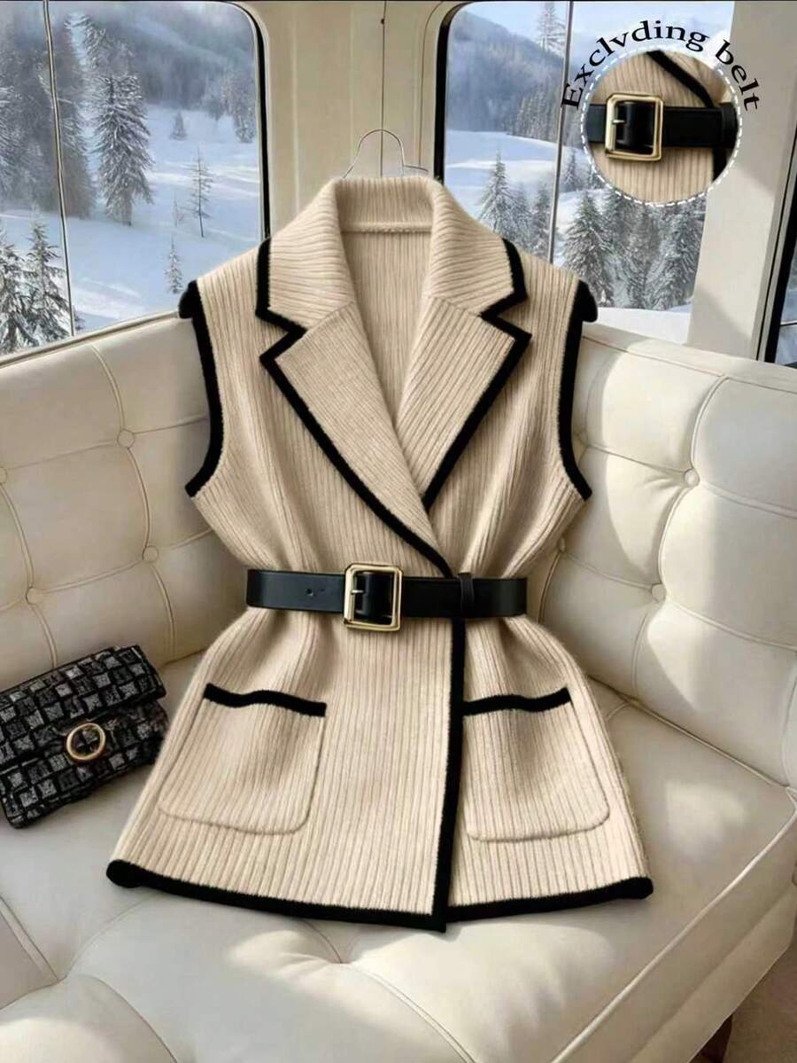 Franclia 大码女式撞色包边翻领口袋针织背心，休闲及办公穿着，秋冬款 - 卡其色 - 查看 1