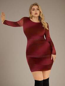 Auralis Vestido mini ajustado de manga larga con cuello redondo, estampado artístico de degradado y teñido anudado, adecuado para otoño/invierno, estilo Y2K Baddie, festival de música, tallas grandes - Multicolor - Ver 6