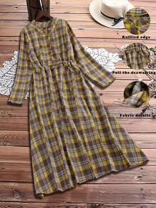Linhara 大码女式红棕色格子收腰荷叶边领纽扣前襟复古休闲日常连衣裙，秋冬款 - 黃色 - 查看 1