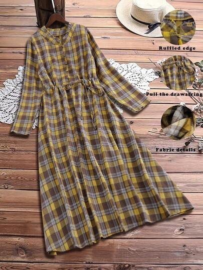 Linhara 大码女式红棕色格子收腰荷叶边领纽扣前襟复古休闲日常连衣裙，秋冬款