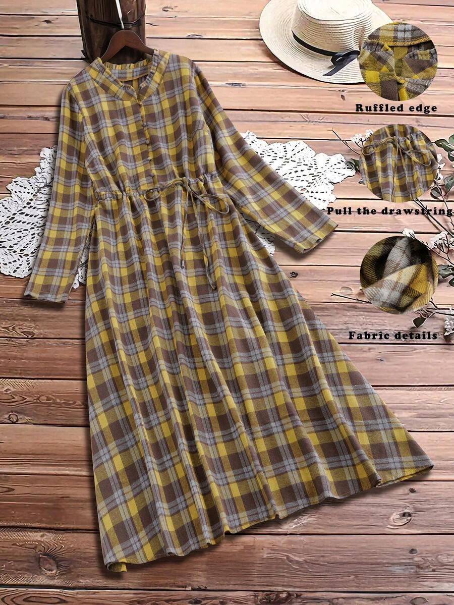 Linhara 大码女式红棕色格子收腰荷叶边领纽扣前襟复古休闲日常连衣裙，秋冬款 - 黃色 - 查看 1