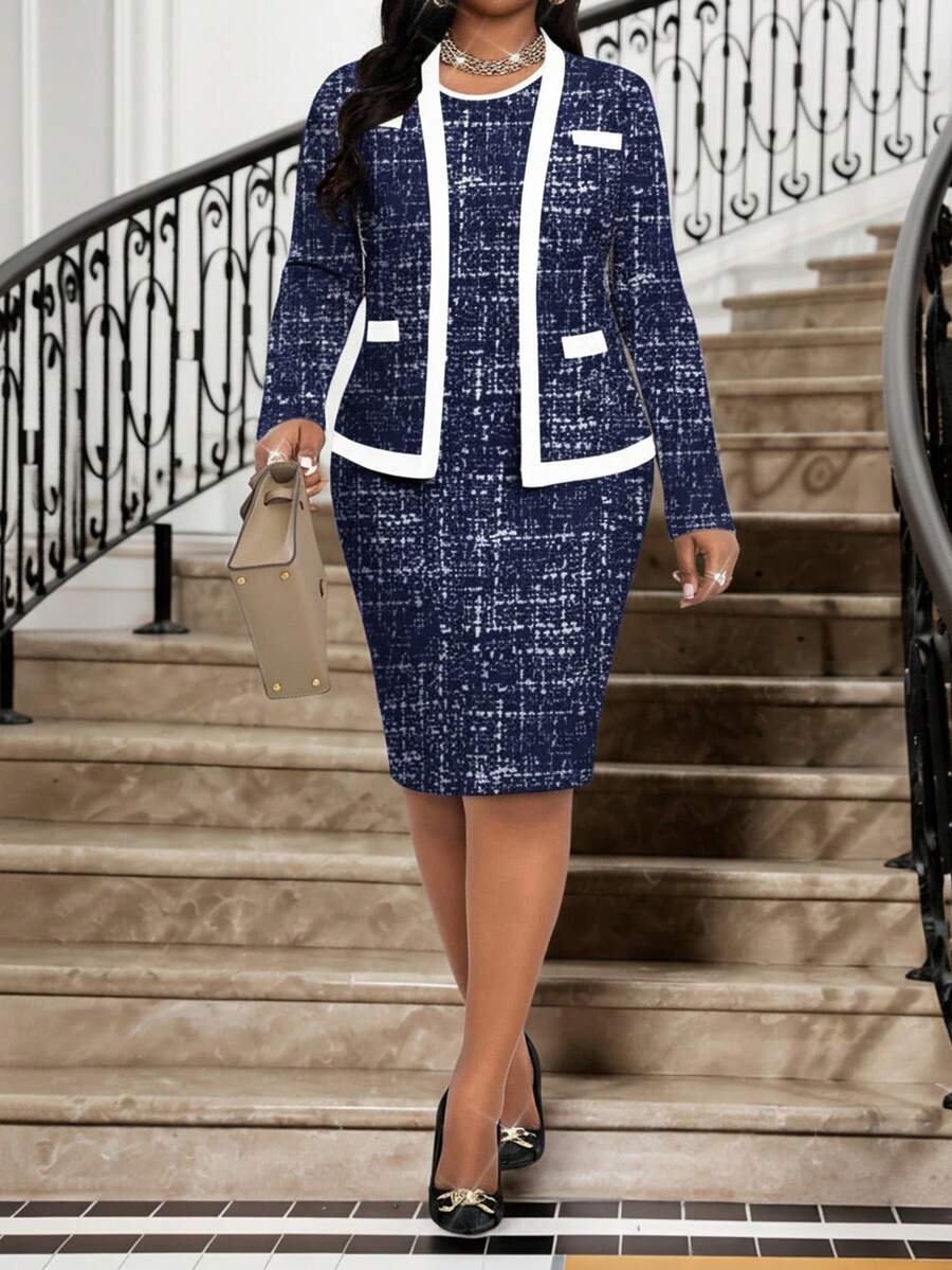 SHEIN Lady 秋冬季优雅通勤办公彩色针织铅笔裙中长袖加大码套装，适合女性冬季穿着，感恩节冬季服装，冬季穿搭，优雅造型 - 藏蓝色 - 查看 1