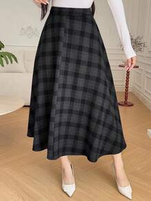 DAZY 女士高腰格子复古优雅A字裙 - 藏蓝色 - 查看 5