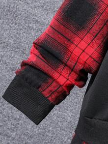 SHEIN Vacaura 2 件套大男孩休闲格子拼布连帽运动衫和抽绳运动裤套装，春/秋/冬 - 紅色 - 查看 4