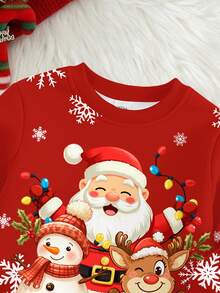 SHEIN Baby Boy Red Autumn Christmas Sweatshirt,Santa Claus Snowman Deer Graphic Pullover,Cute Modest Warm Knit Birthday Top,Star Tree Pattern,Loose Crew - Multicolor - View 4