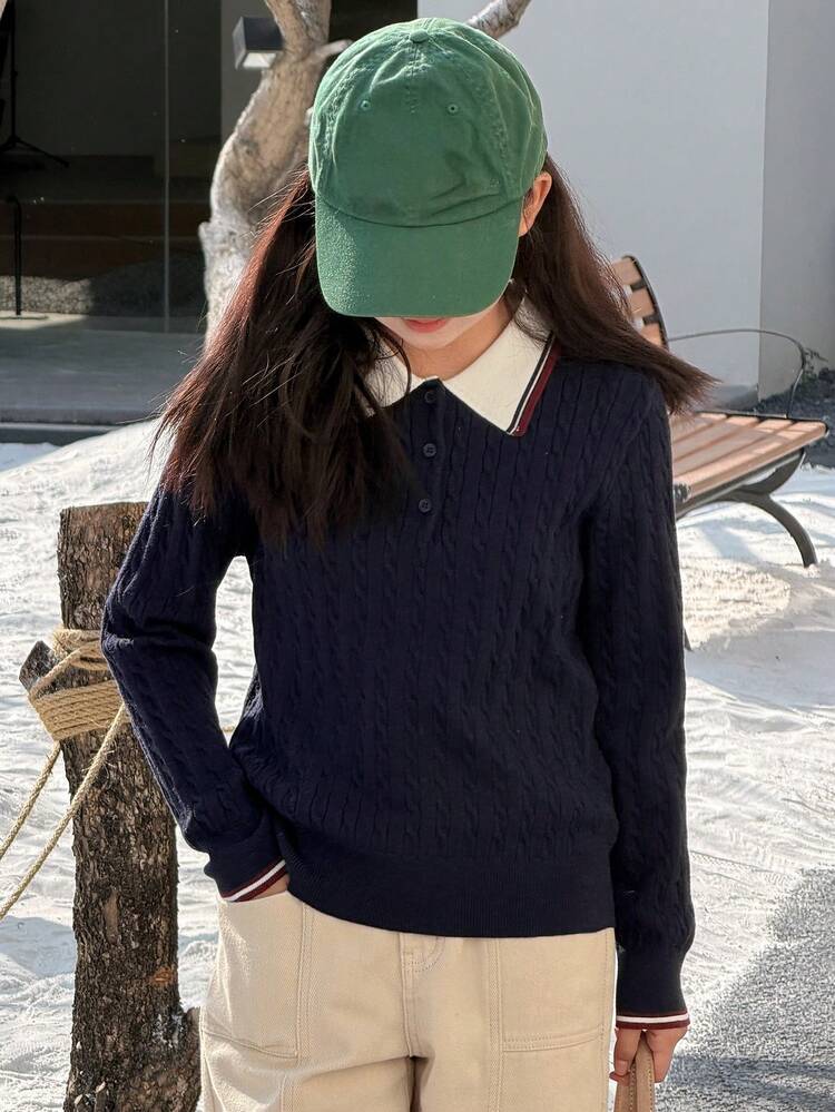 Tween Girl Striped Polo Neck Long Sleeve Casual Sweater, Autumn/Winter